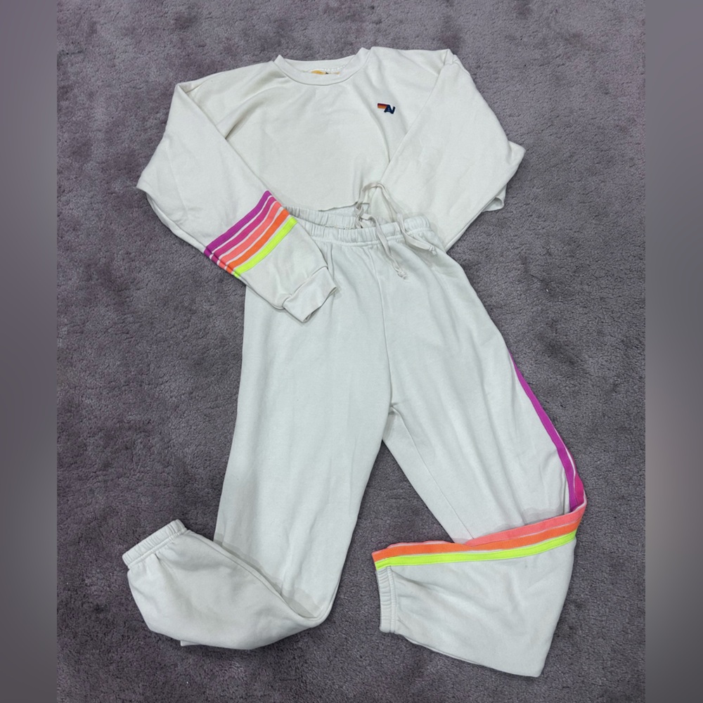 Aviator Nation Vintage White Set Neon 5 Stripe Rugby Sweatshirt and Sweatpants - Picture 3 of 11